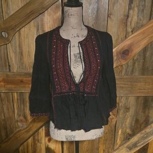 🔴Free People Black Blouse with Red Embroidery